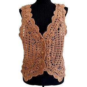 Vtg Handmade Medium Tan Brown Crochet Floral Vest Boho Chic Cottagecore 90s